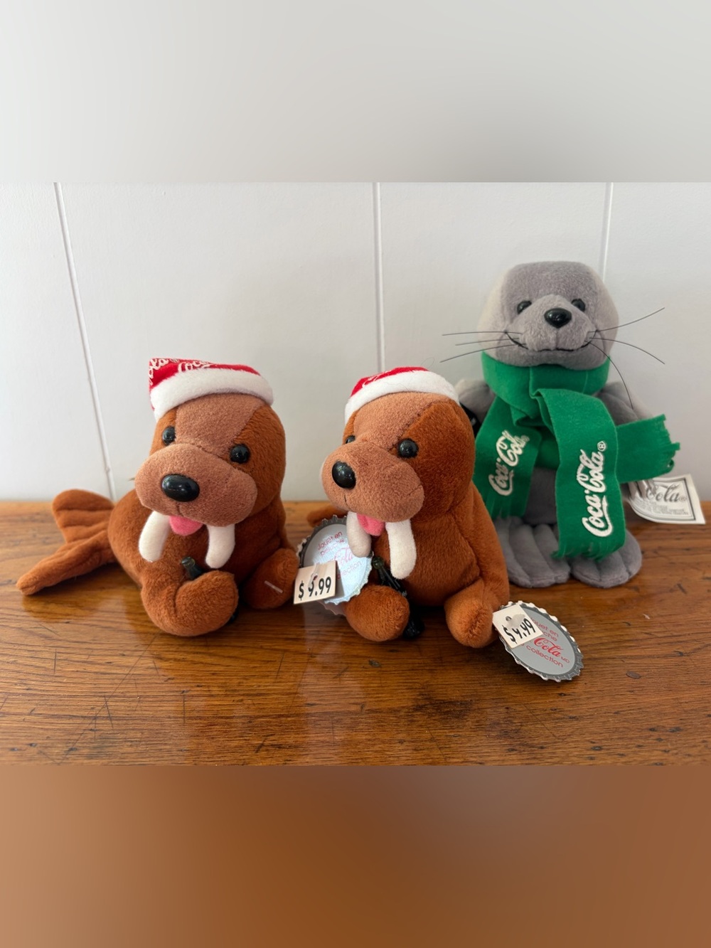 3 Vintage 1998 Coca -Cola beanies grey Seal Plush and 2 brown walrus